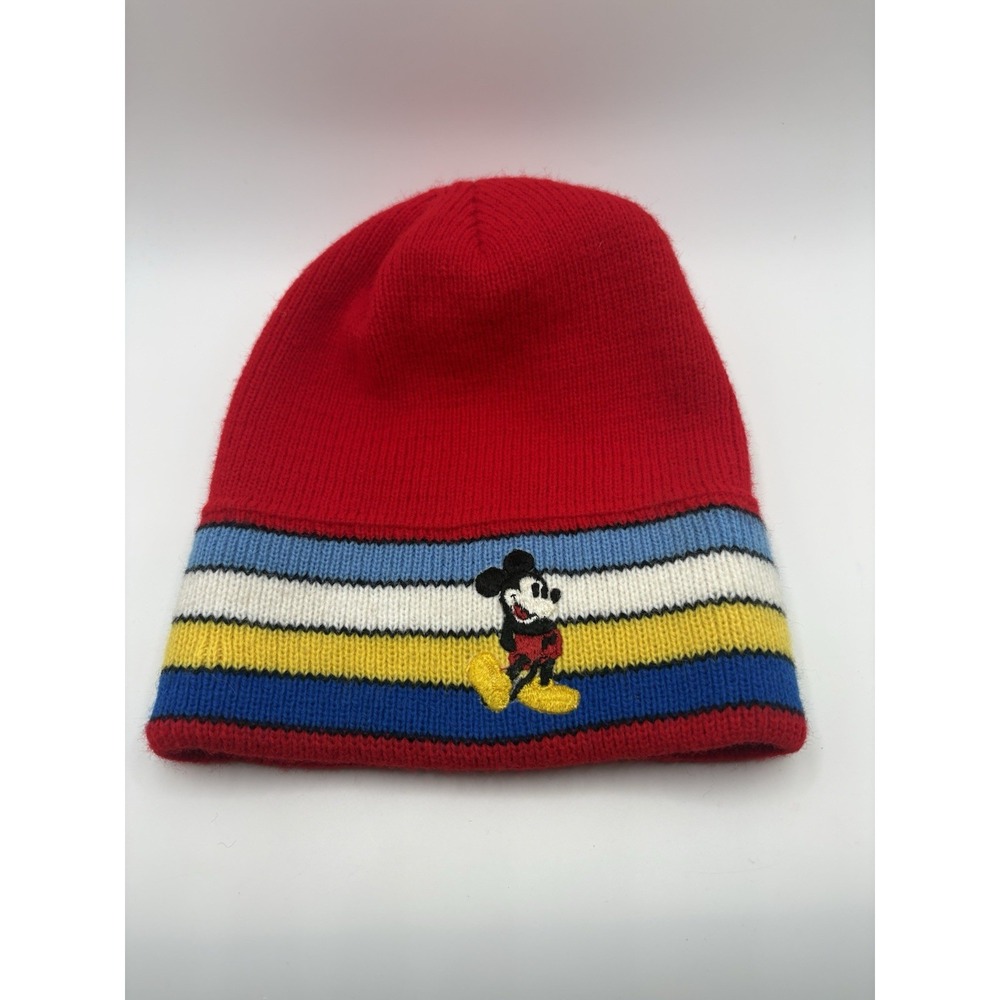 Vintage Walt Disney Productions Mickey Mouse Knit Beanie Hat USA Striped Red